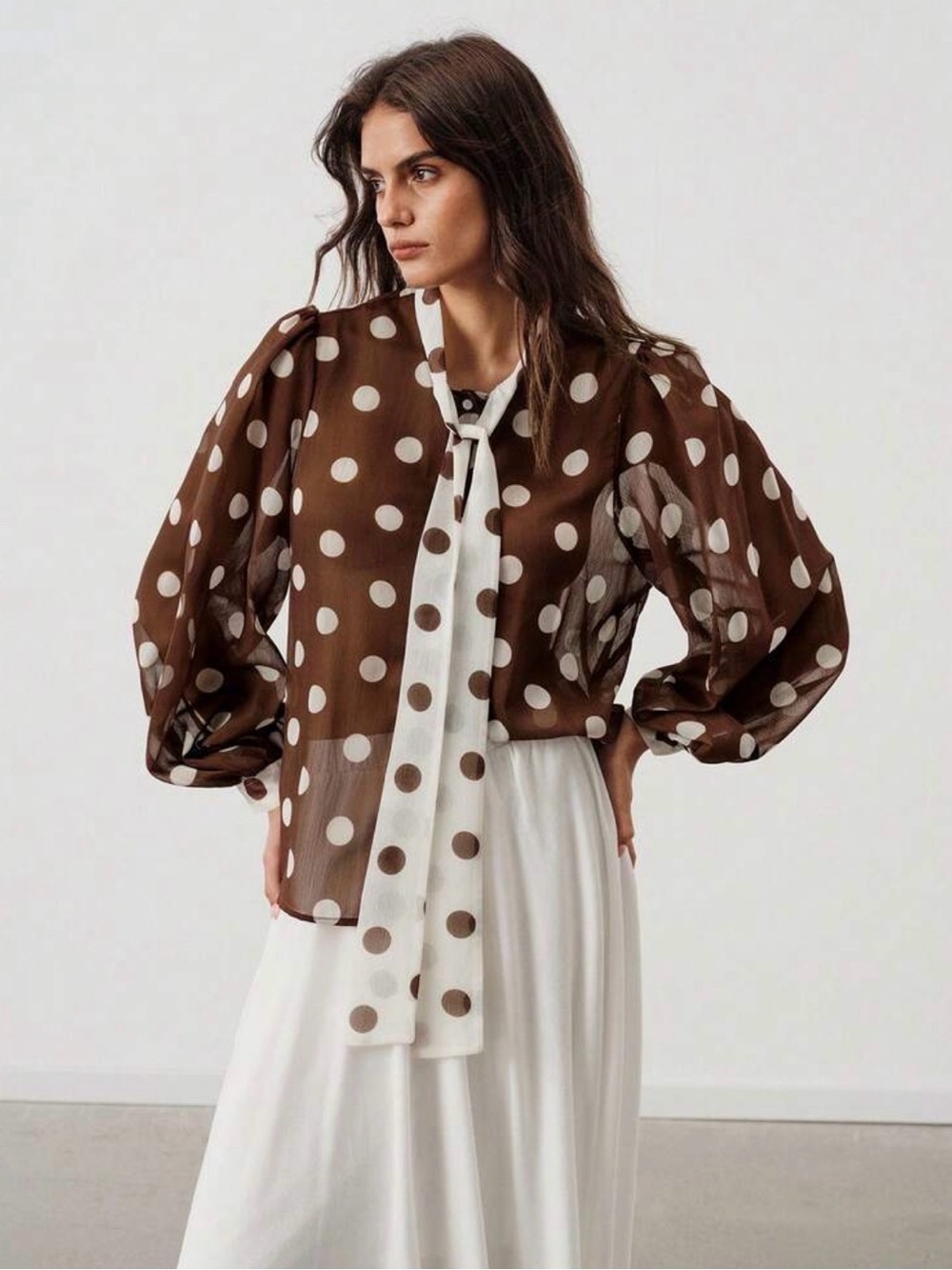 NWT Polka Dot Tie-Neck Brown Blouse, Size Large 8/10